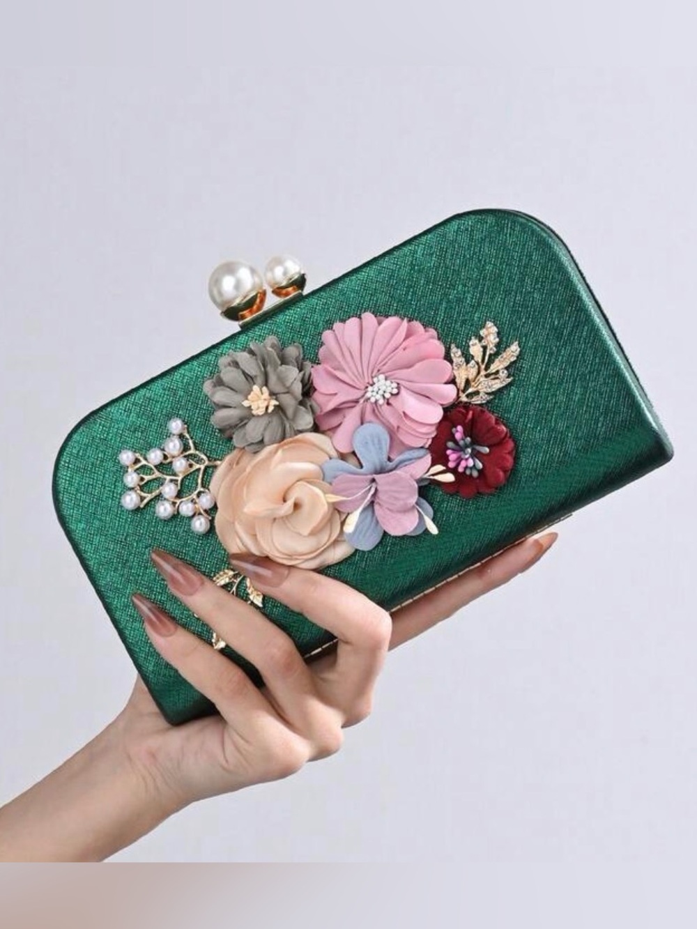 Embellished Green Floral Clutch Bag